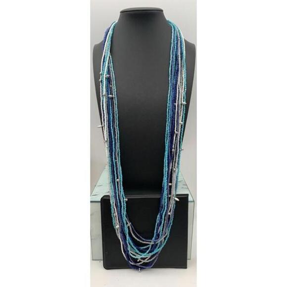 Chicos Multi Layer Seed Bead Silver Tone Station Necklace Boho Blue Gray White - Picture 4 of 5